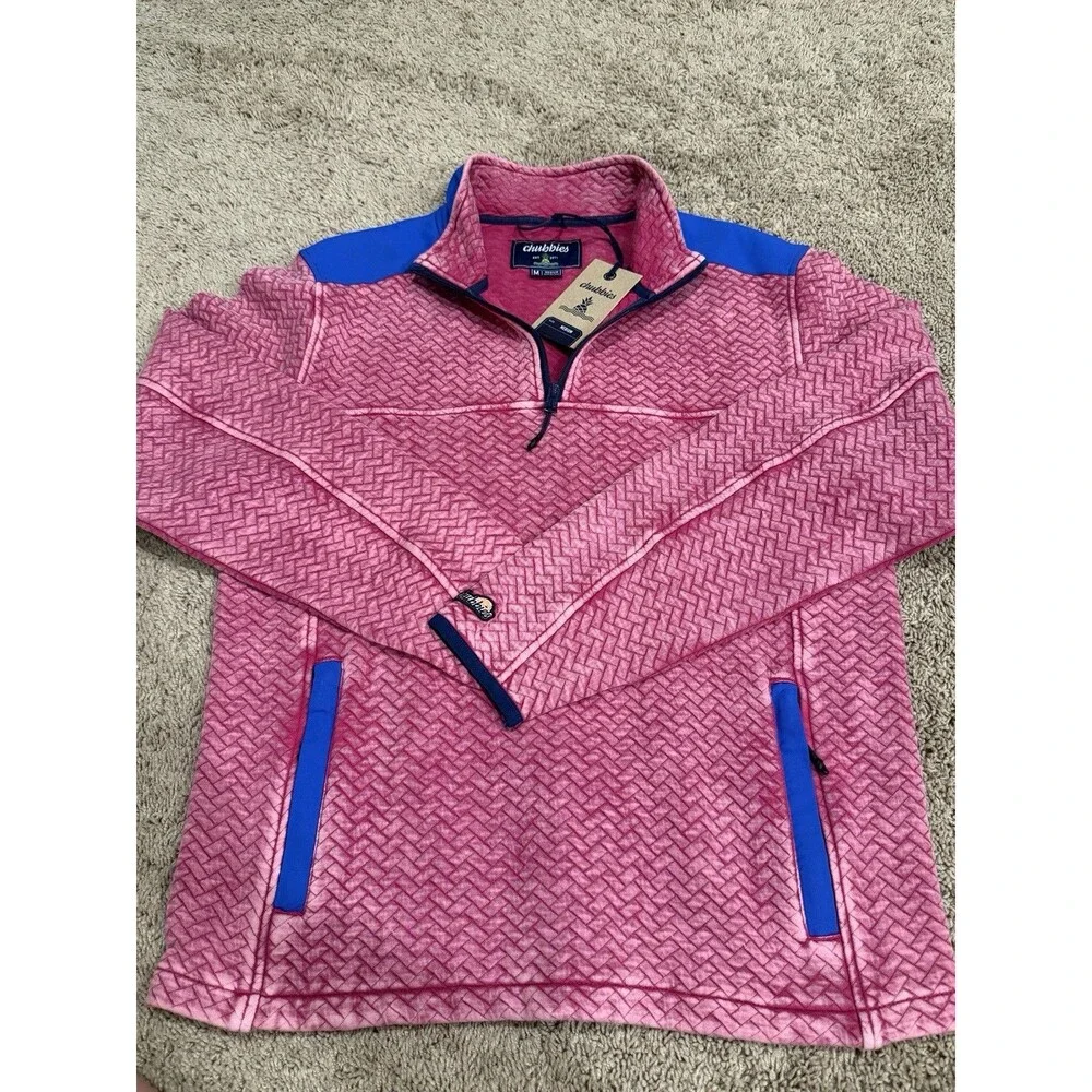Chubbies The Let Me Pink Blue 1/4 Zip Quilted Jacket Fleece Sweater Men’s M Nwt
